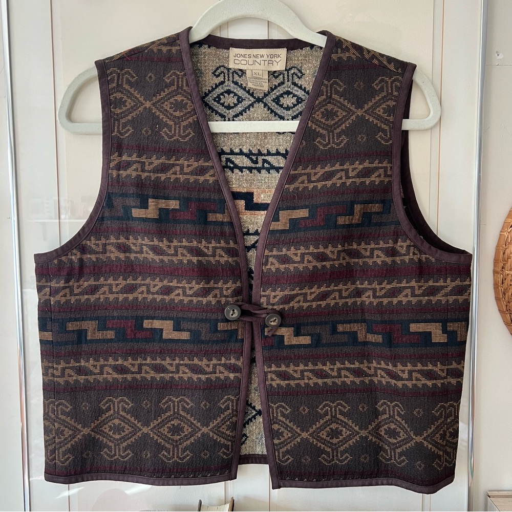Vintage Jones New York Country Aztec Southwestern Vest Brown Size XL Wool Blend